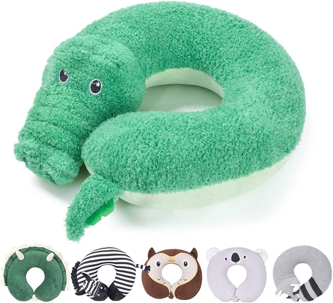 H HOMEWINS Travel Pillow for Kids,Cute Animal Neck Pillow for Boys Girls,Soft Neck Head Chin Support Pillow,Travel Accessories for Airplane, Car, Train,Recline (Crocodile)