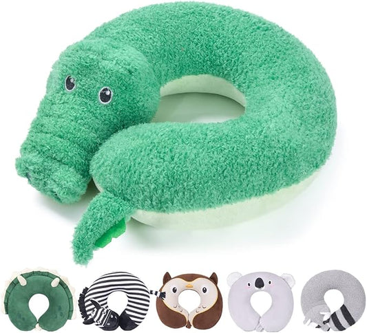 H HOMEWINS Travel Pillow for Kids,Cute Animal Neck Pillow for Boys Girls,Soft Neck Head Chin Support Pillow,Travel Accessories for Airplane, Car, Train,Recline (Crocodile)