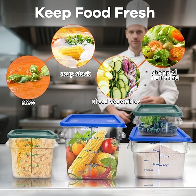 TSUBOR 4 Pack Food Storage Containers with Green Lids, 4.0 Qt - Square, Clear, Polycarbonate, for Restaurant Commercial Kitchen and Home party