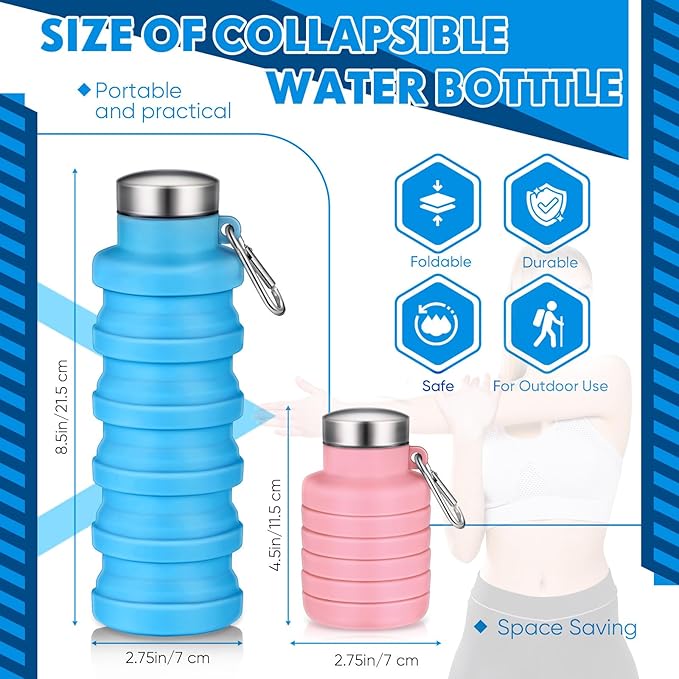 Baderke 2 Pcs Collapsible Water Bottles 17oz Silicone Travel Foldable Portable Water Bottle with Buckle Silicone Lightweight Reusable Leakproof for Camping Hiking Cycling Sport(Pink, Blue)