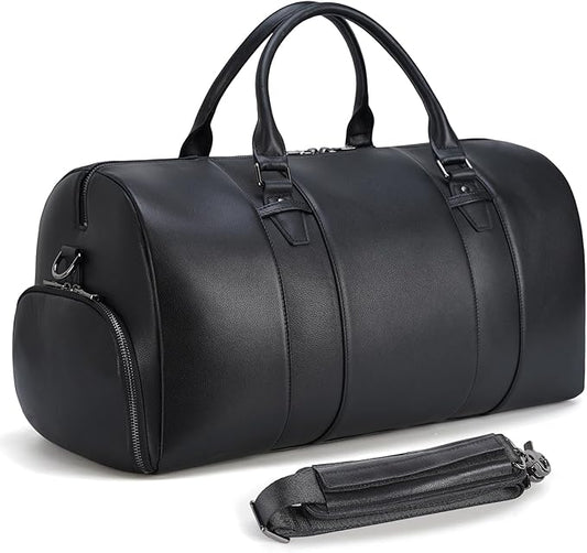 Masa Kawa Black Leather Duffle Bag for Travel Men, 31L Carry On Waterproof Foldable Duffel Bag with Shoe Compartment for Gym, Sports, Overnight Weekender Camping