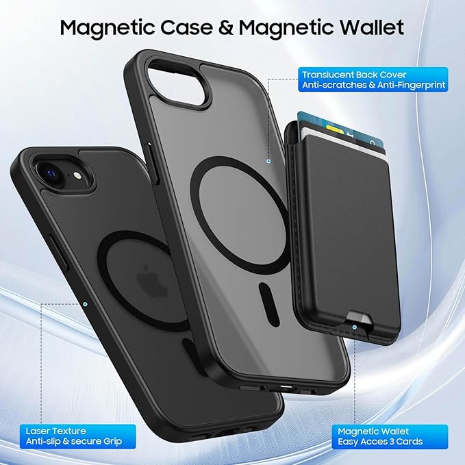 Magnetic for iPhone 16e Case (Compatible with MagSafe) with Detachable Wallet & Card Holder for 3 Cards [RFID Blocking] Military Grade Protective Slim Phone Cover, Black