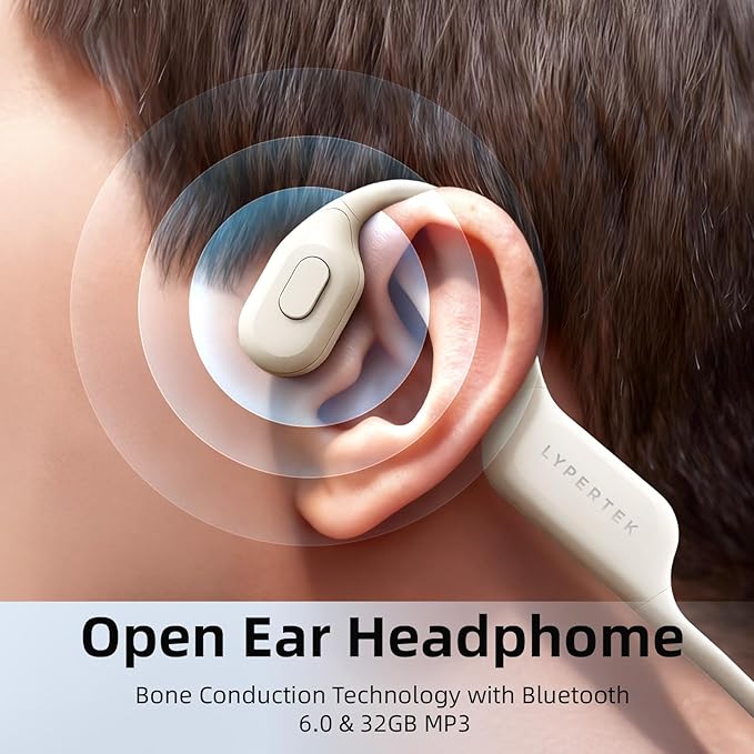 LYPERTEK Bone Conduction Bluetooth Headphones,Open Ear Wireless Bluetooth Sport Headphones,32GB MP3 Player Workout Earphones for Running, IP68 Waterproof Underwater Earbud for Swimming, S30-Beige