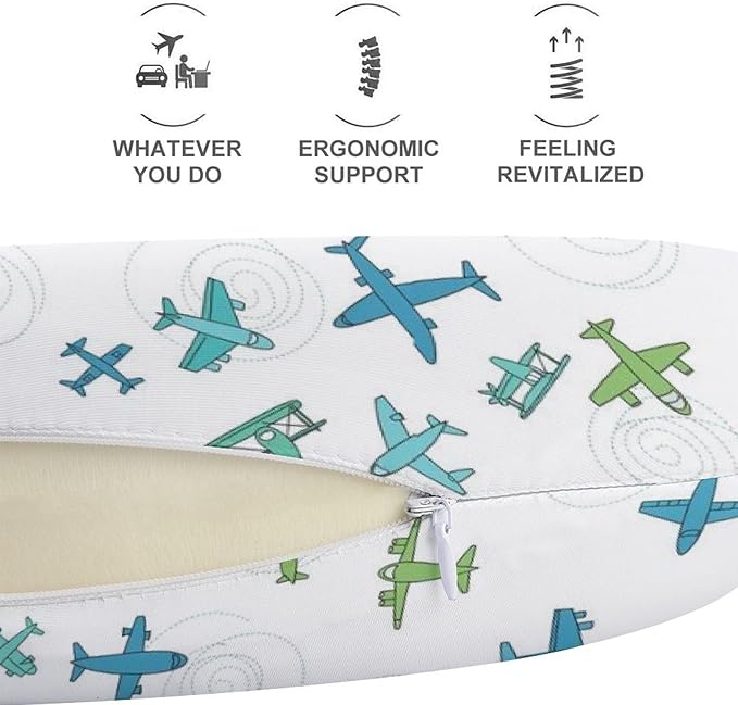 Kids Washable U-Shaped Travel Pillow Neck Support, Fun Airplanes On White Sky U-Shape, Airplane Car Nap Chin Cushion