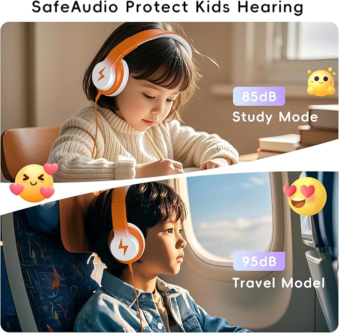 Kids Headphones, Wired Headphones for Kids Over Ear with Microphone, 85/94dB Volume Limiter Headphone for Girls Boys, Foldable Headphone for Learning & Entertainment, White and Orange
