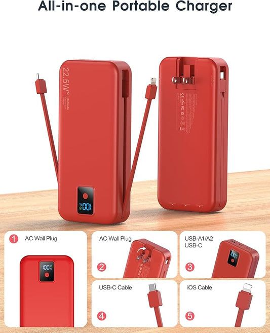 Portable Charger, 20000mAh 22.5W Fast Charging Power Bank with Built-in Cables & Wall Plug, Travel Essential Battery Pack with LED Display, USB C Battery Phone Charger for iPhone, iPad, Samsung Red