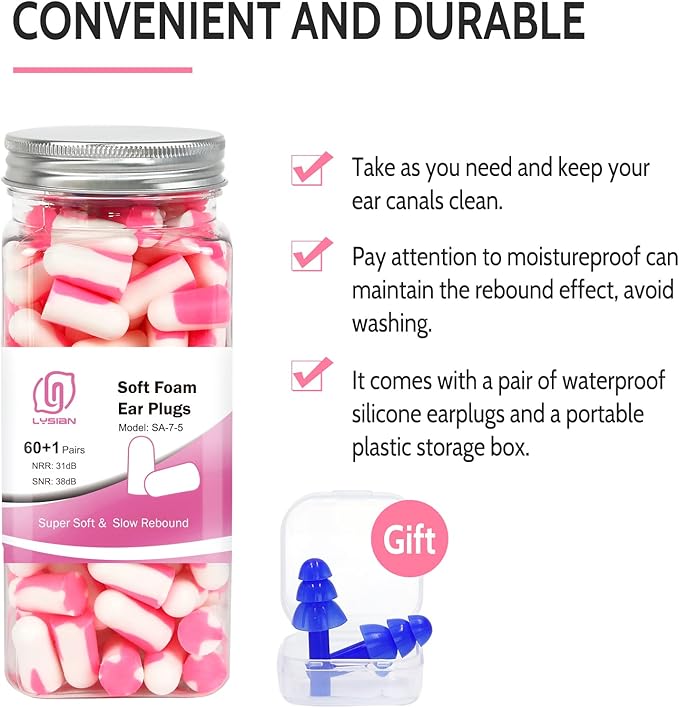 LYSIAN Ultra Soft Foam Sleep Earplugs, 38dB SNR Noise Reduction Ear Plugs for Sleeping, Mowing, Shooting-60 Pairs,Double Color Pink/White