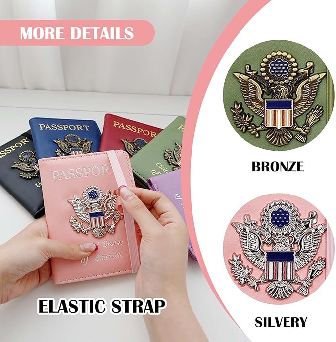 Cnycmy Passport Holder for Travel, Pu Leather Travel Wallet, RFID Blocking, Metal United States Coat of Arms, Waterproof cover for Family (Pink)