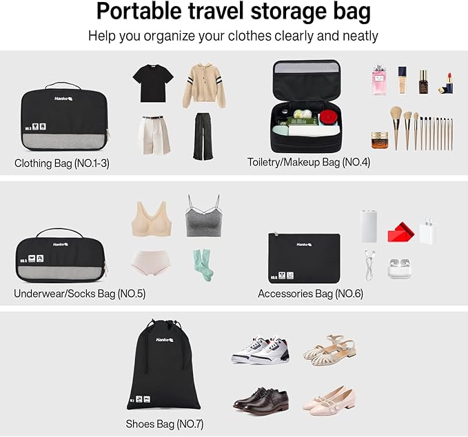 Packing Cubes for Travel, Hanke 7 Set Packing Cubes with Double Zipper,Compression Travel Bags Expandable Design,Durable Packing Organizers for Suitcase Backpack and Carry-On