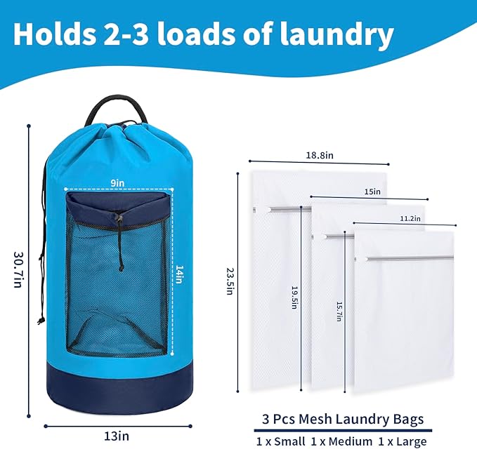 Laundry Bag Backpack with 3 Sizes Mesh Wash Bags and Shoulder Straps Foldable Clothes Hamper Bag with Drawstring Closure for College, Apartment, Laundromat (Blue)