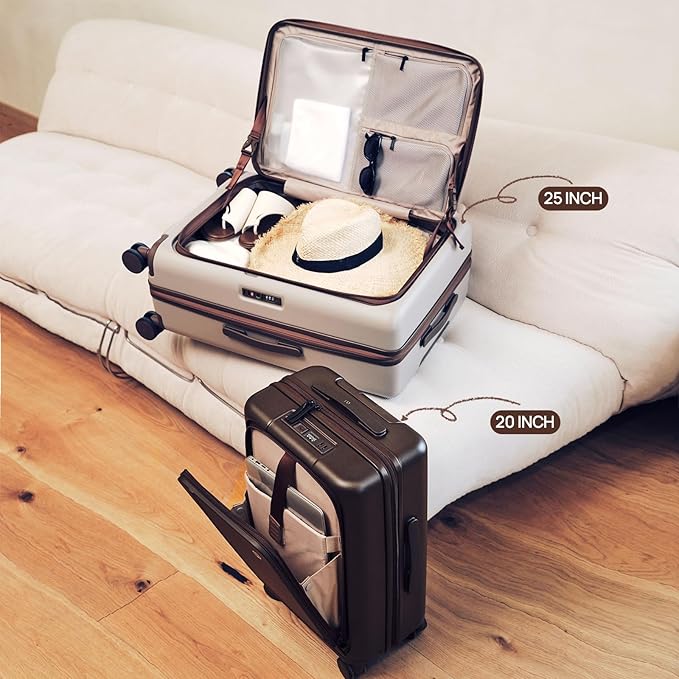 NINETYGO Carry On Luggage 22x14x9 Airline Approved, 20 Inch Suitcase with Front Compartment & Cup Holder, Coffee-Infused PC Hard Shell, Eco-Friendly, TSA Lock, 360° Spinner Wheels (Americaco)