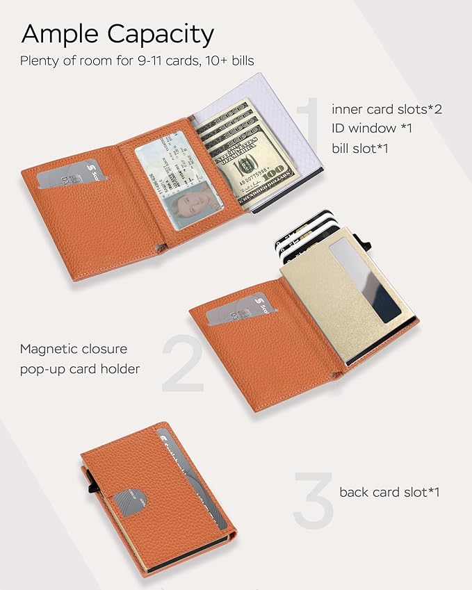 Vast Scenery Women's Small Wallet - 2026 Trendy Vibrant Orange, RFID Blocking Smart Metal Pop Up Card Holder, Ultra Slim Fits Most Bags & Pockets, Holds 11+ Cards 10+ Bills, Gift for Her