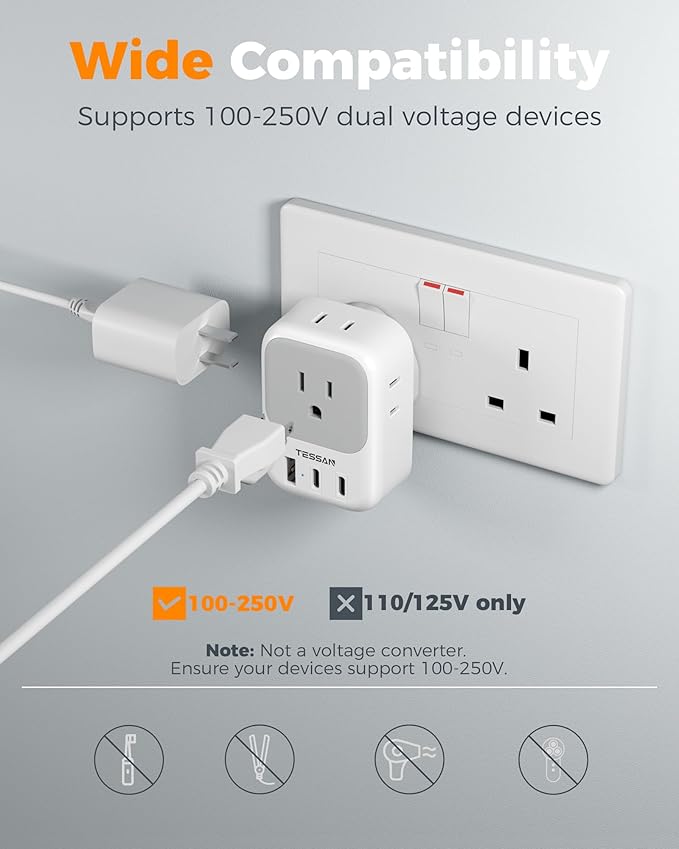 US to UK Plug Adapter 3 Pack, TESSAN Type G Adapter for Travel with 4 Outlets 3 USB (2 USB-C), Power Adaptor for US to UK Ireland London Scotland Kenya Dubai Singapore Hong Kong
