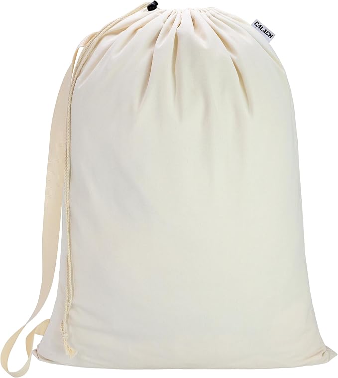 Canvas Laundry Bag with shoulder Strap 24" x 29", Large Drawstring Dirty Clothes Bag Washable Laundry Sack for College Dorm, Travel, Home, Camp (Beige)