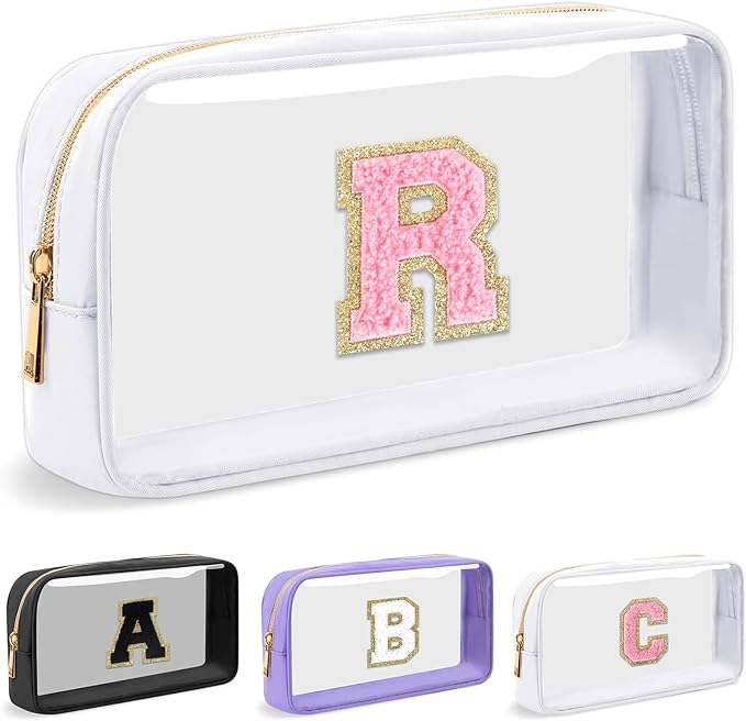Personalized Initial Letter Clear Makeup Bag,Preppy Small Nylon&PVC Cosmetic Zipper Bag with Chenille Letter,Travel Skincare Toiletry Bag,Monogram Christmas Gift for Teen Girls Women,R