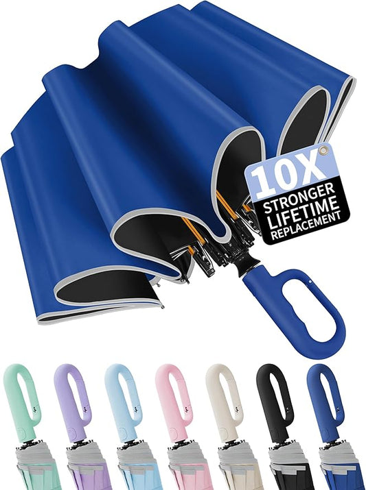 Seniny Travel Umbrella with Carabiner Handle, Windproof Large Umbrellas for Rain with Dual-Rib Structure, Portable Compact Umbrella with Reflective Strip, Car Backpack UV Umbrellas for Sun Protection