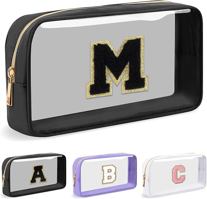 Personalized Initial Letter Clear Makeup Bag,Preppy Small Nylon&PVC Cosmetic Zipper Bag with Chenille Letter,Travel Skincare Toiletry Bag,Monogram Christmas Gift for Teen Girls Women,M