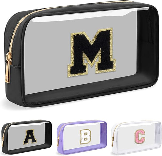 Personalized Initial Letter Clear Makeup Bag,Preppy Small Nylon&PVC Cosmetic Zipper Bag with Chenille Letter,Travel Skincare Toiletry Bag,Monogram Christmas Gift for Teen Girls Women,M