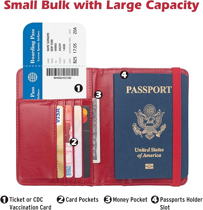 Coowayze US Passport Holder Wallet for Travel Men Women Red RFID Passport Cover Case, Waterproof Red Leather Passport Book Protector with Vaccine Card Slot Travel Document Organizer