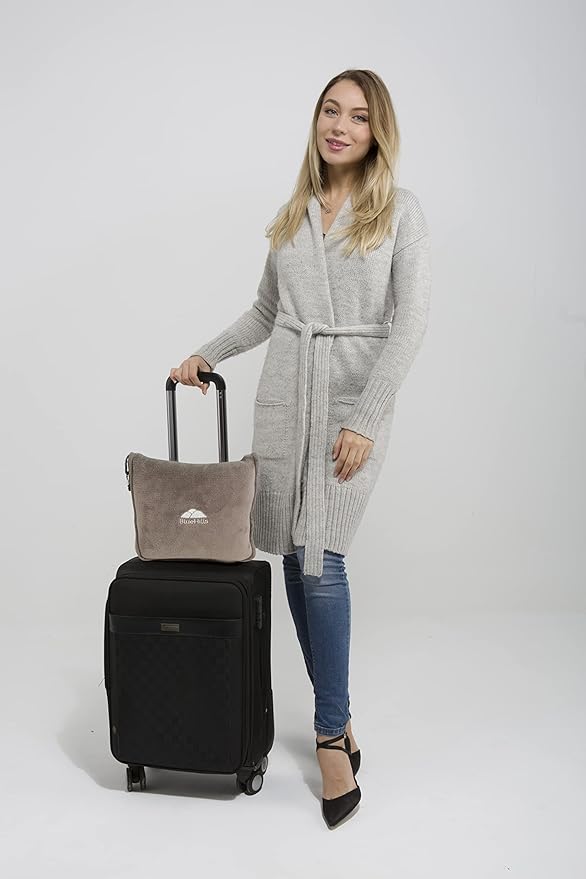 BlueHills Premium Soft Travel Blanket Pillow Airplane Flight Blanket Throw in Soft Bag Pillow case with Luggage Belt & Backpack Clip Compact Pack Large Airport Taupe T023