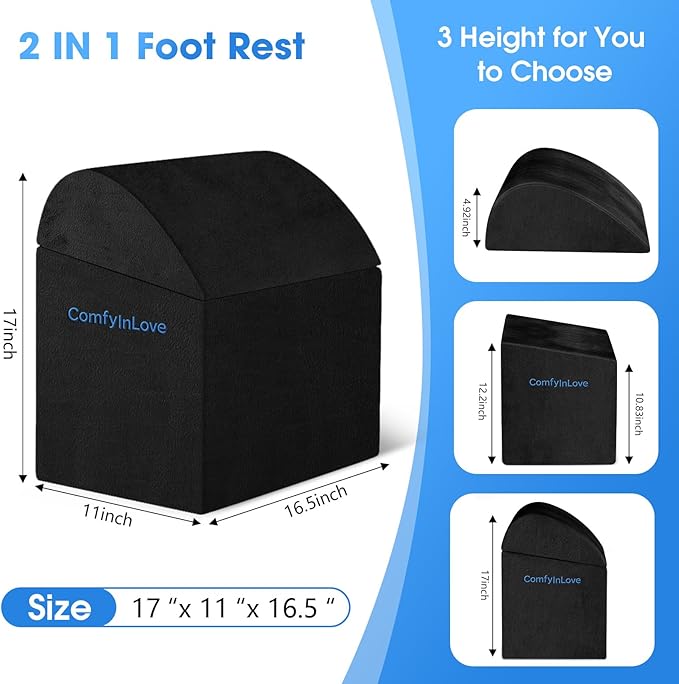 Foot Rest for Under Desk at Work - Non-Slip Foot Stool with 3 Adjustable Heights, Ergonomic Under Desk Footrest with Washable Cover for Desk, Home, Office, Car (Black)