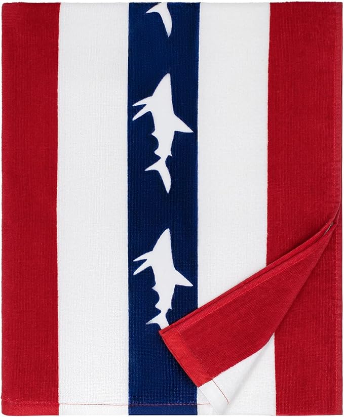 cabanana Large Beach Towel Oversized - Cotton Velour 35 x 70 Inch Shark Striped Terry Pool Towel, Cabana Soft Swimming Towel for Adults Women Men (Navy Red)