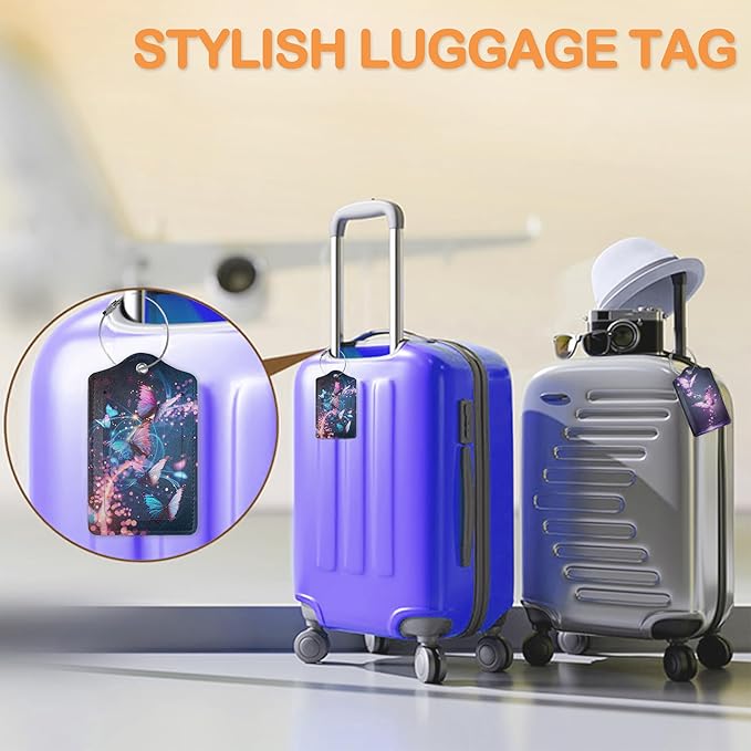 Dream Starlight Butterfly 3 Pack Luggage Tags for Suitcases, Colorful Butterfly PU Leather Luggage Tag for Travel, Bag Tags with Privacy Name ID Card and Steel Loop for Women Men