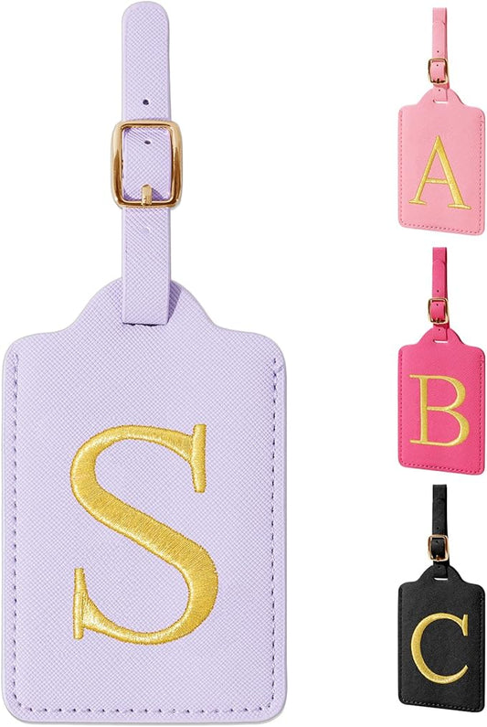 Personalized Initial Luggage Tags for Suitcase, Purple Leather Cute Luggage Tags with Privacy Cover Name Card, Embroidered Custom Monogrammed Luggage Tag Travel Backpack Tags Gifts for Women Kids(S)