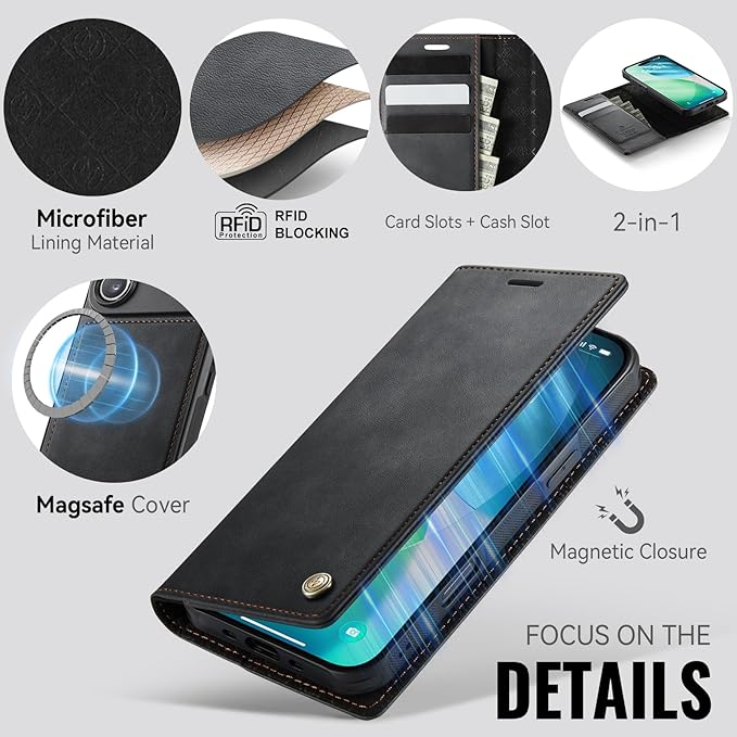 PlusnapX Wallet Case for iPhone Air Compatible with Magsafe, 2-in-1 PU Leather Flip RFID Blocking Card Holder Stand ShockAirof Magnetic Detachable Cover for iPhone 17 Air Case 6.5", Black