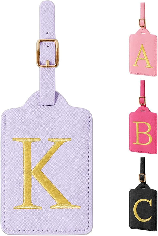 Personalized Initial Luggage Tags for Suitcase, Purple Leather Cute Luggage Tags with Privacy Cover Name Card, Embroidered Custom Monogrammed Luggage Tag Travel Backpack Tags Gifts for Women Kids(K)