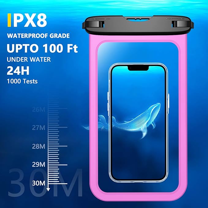 Temdan 2 Pcs Waterproof Phone Pouch, [Up to 10" Large] Universal IPX8 Waterproof Cell Phone Case Dry Bag with Lanyard for iPhone 16 Pro Max/16E/15/14/13,Galaxy S25 Ultra/S24/S23 for Vacation -Pink