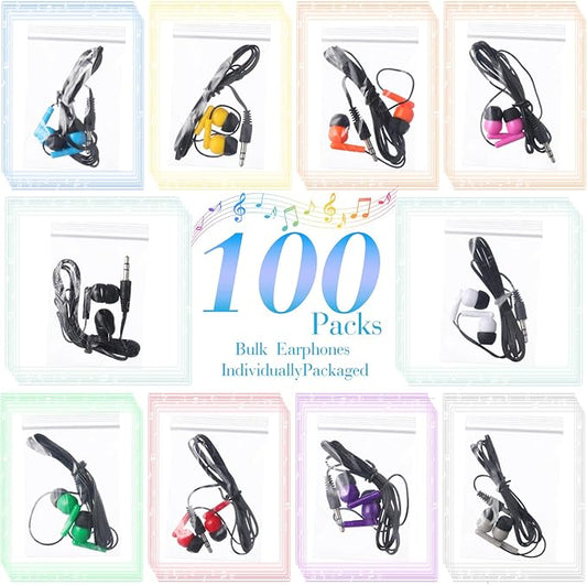 Kanayu 100 Pack Wired Earbuds Bulk for Classroom Ear Headphones Wired Basic Student Earbuds No Microphone with 3.5MM Jack for Class Laptop School Library, Individually Bagged (Multicolor)