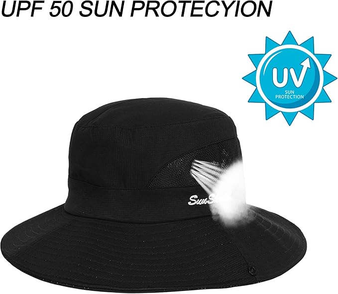 Women's Outdoor UV-Protection-Foldable Sun-Hats Mesh Wide-Brim Beach Fishing Hat with Ponytail-Hole