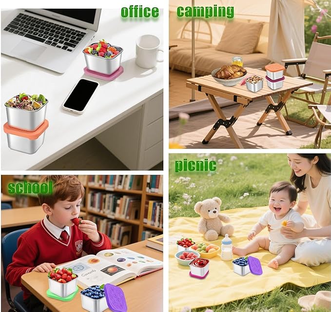 304 Premium Stainless Steel Snack Containers with Silicone Lids, Snackle Box Containers, Easy-Open Leak-Proof Kids for Taking Out for a Picnic, Lunch Box and Travel. (Purple Pink Green-3, 2 OZ)