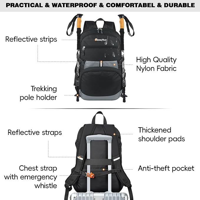 Seektop 40L Foldable Hiking Backpack for Women Men Lightweight Packable Travel Backpack Carry on Flight Approved for Outdoor Camping Sport Leisure (Black)
