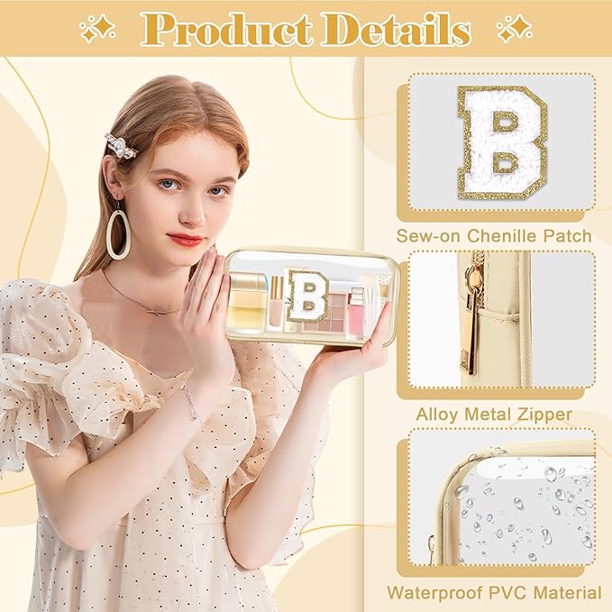 Personalized Initial Letter Clear Makeup Bag,Preppy Small Nylon&PVC Cosmetic Zipper Bag with Chenille Letter,Portable Beach Travel Skincare Toiletry Bag,Trendy Monogram Gift for Teen Girls Women,B