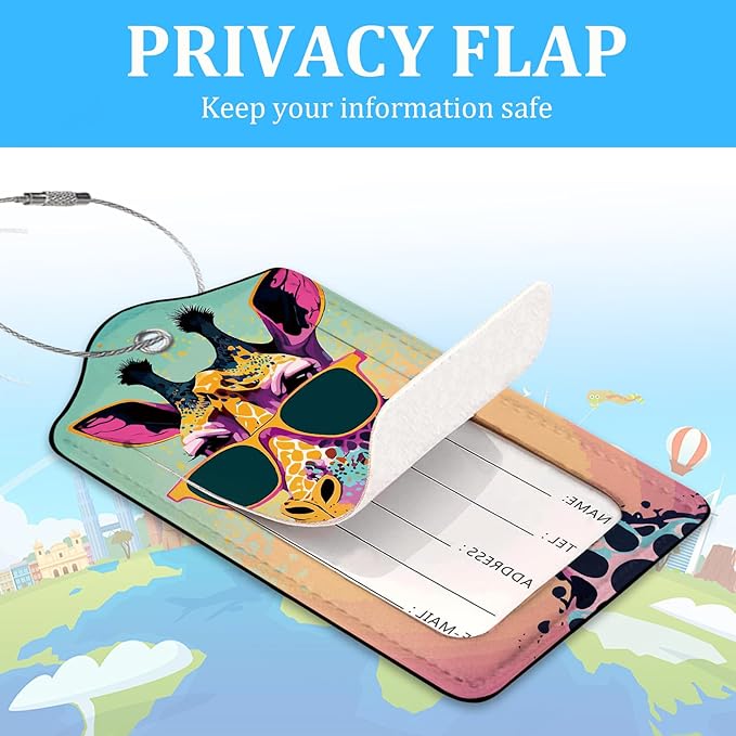 2 Pack Luggage Tag for Suitcase,Cute Giraffe Luggage Tag with PU Leather Privacy Cover ID Label & Stainless Steel Loop for Women Men Travel Bag Suitcase