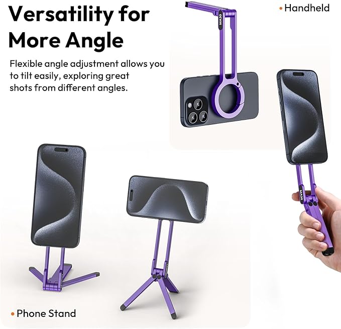 ULANZI MA30 Magnetic Phone Tripod Stand for iPhone-Aluminium Maglock Smartphone Mini Tripod Pocket Cell Phone Stand Strong Magnet Quick Mount Compatible with iPhone 17 16 15 14 13 12 Series, Purple