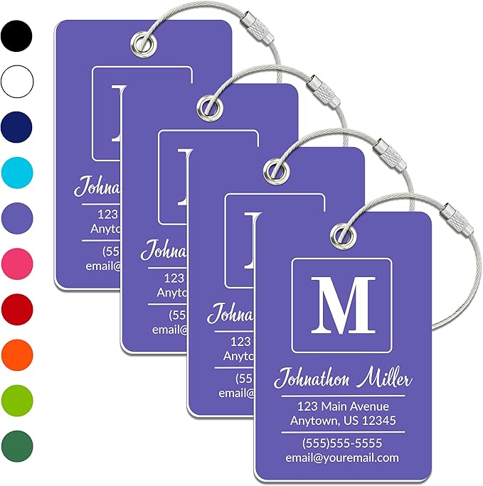 Personalized Luggage Tag | 4 Pack | Custom Luggage Tags for Suitcases | Kids Backpack Tag | 10 Color Options & Choose Font, Font Color