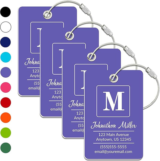Personalized Luggage Tag | 4 Pack | Custom Luggage Tags for Suitcases | Kids Backpack Tag | 10 Color Options & Choose Font, Font Color