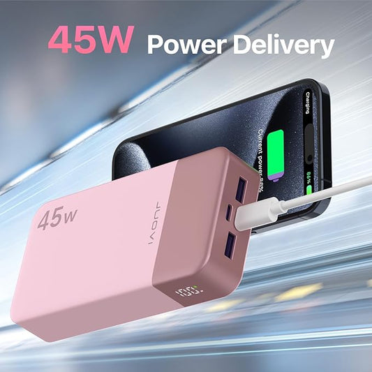 J2621 Power Bank Portable Charger,20000mAh 45W PD3.0 QC 4.0 Fast Charging Battery Pack with LED Display,2 USB-C,2 USB-A for iPhone 15 16, MacBook (Pink)