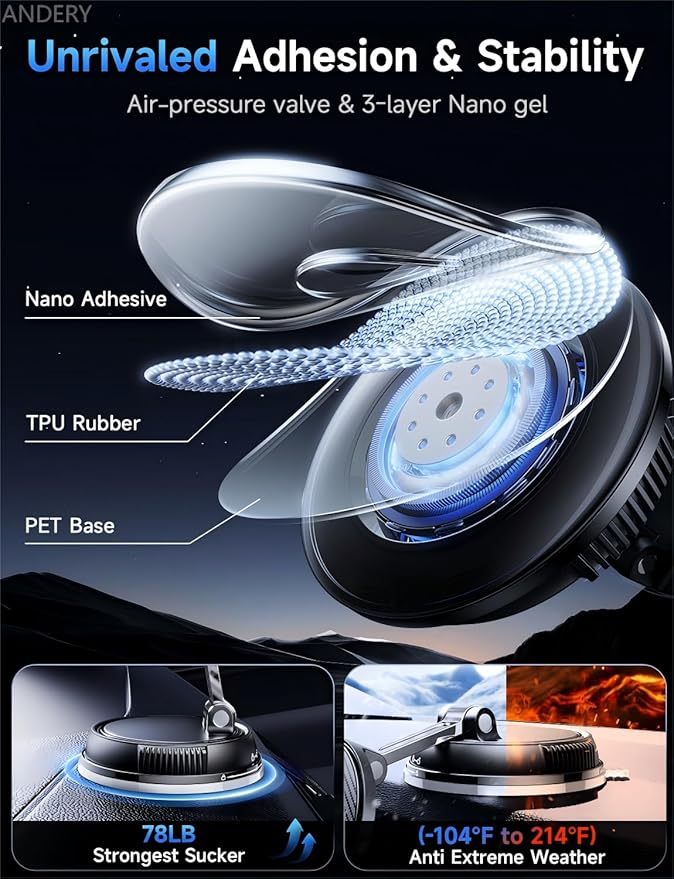 ANDERY Only for iPhone Magsafe Car Mount Charger [15W Wireless Faster Charging, 78+LBS Strongest Suction, 2400gf Strongest Magnetic] 360° Adjustable, Phone Holders for Your Car for iPhone 17-12