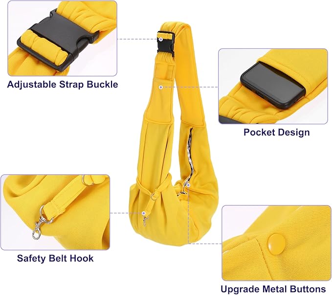 PETAXCELL Dog and Cat Sling Carrier Up to 16.5 Lbs, Hand-Free Reversible Pet Sling Carrier with Adjustable Strap and Pocket, (Yellow, 1 Pcs) Intended for Hiking/Camping/Traveling