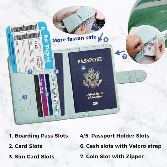 Cnycmy Passport Holder with RFID Blocking, Cash Pocket & Back Zipper Coin Pocket - Travel Document Holder, Magnetic Button, Multiple Card Slots - Soft PU Leather for Men and Women(AQUA GREEN)