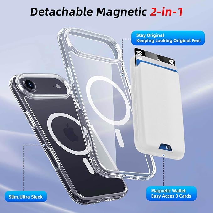 Ntwinro Magnetic for iPhone Air Clear Case (Compatible with MagSafe) with White Detachable Wallet & Card Holder for 3 Cards [RFID Blocking] Military Grade Protective Slim Phone Cover for 17 Air 2025