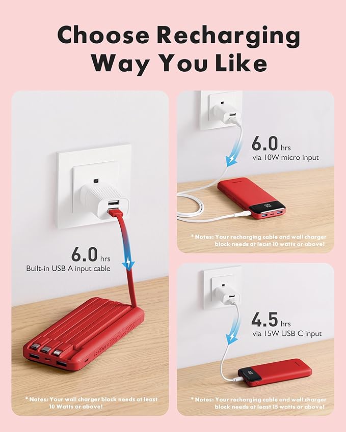 Charmast Portable Charger with Built in Cables, Power Bank with Cords Wires, Slim 10000mAh Travel Battery Pack 6 Outputs 3 Inputs 3A Fast Charging for Samsung Google Pixel LG Moto iPhone iPad