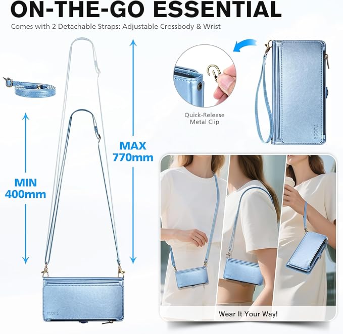 TUCCH Crossbody Detachable Wallet Case for iPhone 17 Pro Max, 10 Card Slots RFID Blocking | Wireless Charging | Wrist Strap Lanyard | Stand | Zipper Pocket | PU Leather Phone Cover | Pearly Light Blue