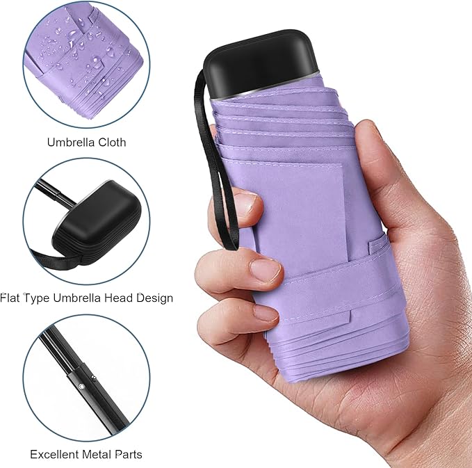 LEAGERA Compact Mini Travel Umbrella with Case - Mini Umbrella for Purse, Small Lightweight &Tiny Design Perfect for Parasol Outdoor Sun&Rain Umbrellas, Light Purple Color
