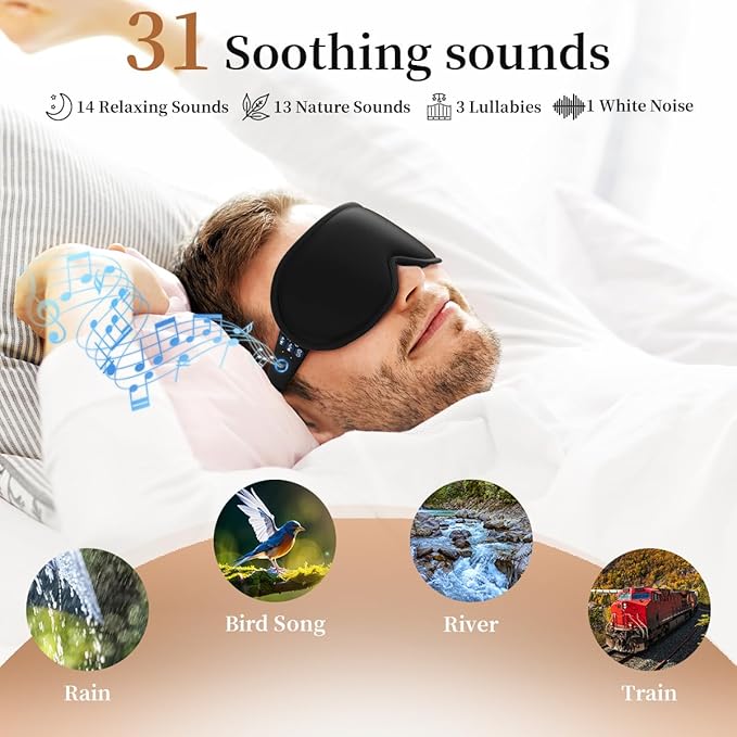 Easysleep 3D Sleep Mask Sleep Headphones White Noise Sleep Eye Mask with 31 Soothing Sounds 3 Timer Soft Adjustable Light Blocking Eye Cover Long Playtime for Sleeper Men Women Travel Gift