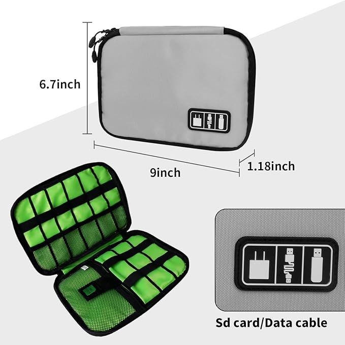 Electronics Organizer Travel Case,Electronic Accessories Storage Bag,Portable Waterproof Cable Organizer Bag,Travel Cord Organizer Bags for Small Charging Cord Storage,SD Card-Grey Green
